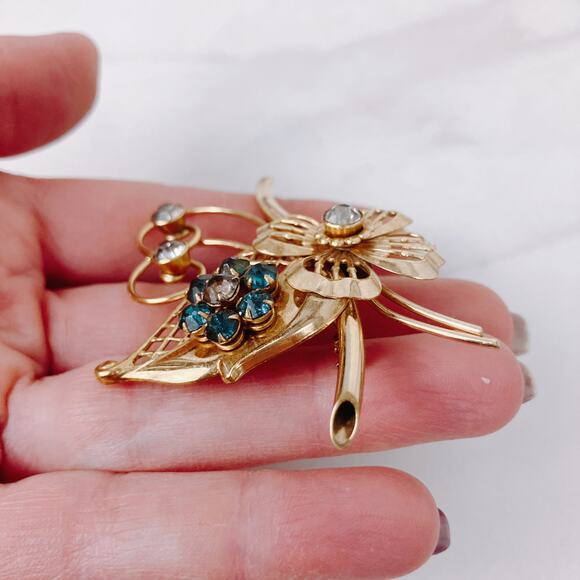 VTG Signed Harry Iskin 12K GF Blue Rhinestone Floral Brooch Mid Century 1950s - Picture 6 of 11